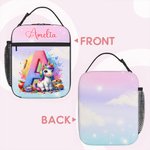Personalised Fantasy Unicorn Cartoon Initial Insulated Lunch Bag with Name Daily Travel Back to School Birthday Gift for Boys Girls