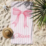 Personalized Pink Coquette Bow Stripes Quick Dry Oversized Beach Towel with Name Travel Essentials Summer Vacation Birthday Gift for Women