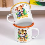 Personalized Cartoon Rabbit Panda Animal 12 oz Colored Rim Enamel Mug with Name Birthday Travel Gift for Boys Girls