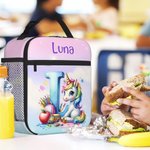 Personalised Fantasy Unicorn Cartoon Initial Insulated Lunch Bag with Name Daily Travel Back to School Birthday Gift for Boys Girls