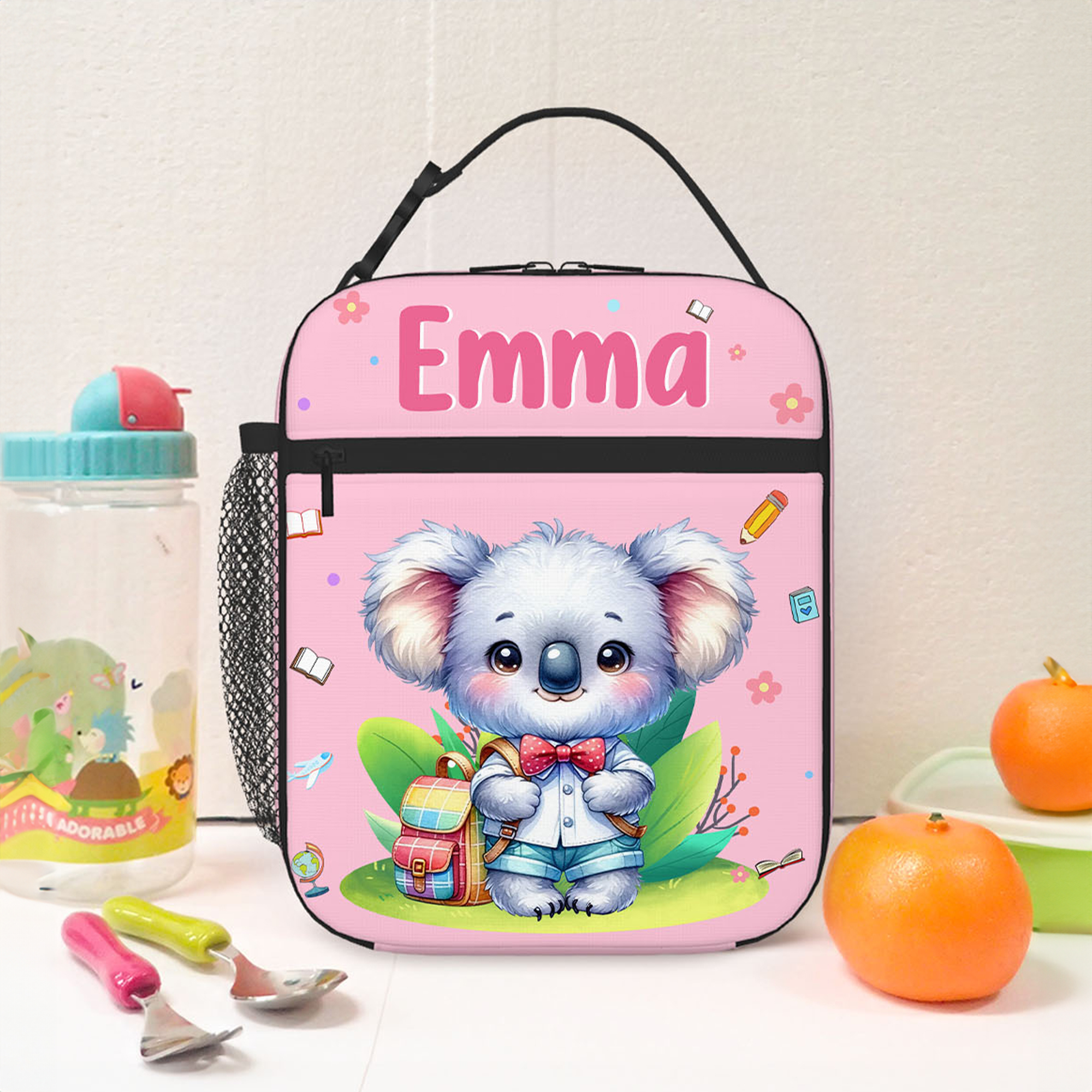 Sac à lunch isotherme personnalisé avec nom Animaux Cartoon Penguin Koala Multicolore Voyage quotidien Retour à l'école Cadeau d'anniversaire pour Garçons Filles