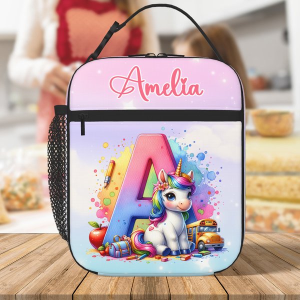 Personalized Fantasy Unicorn Cartoon Initial Insulated Lunch Bag with Name Daily Travel Back to School Birthday Gift for Kids