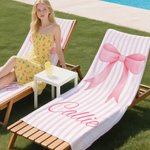 Personalized Pink Coquette Bow Stripes Quick Dry Oversized Beach Towel with Name Travel Essentials Summer Vacation Birthday Gift for Women
