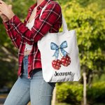 Personalized Flag Bow Cherry Large Canvas Tote Bag with Name Appreciation Patriotic 4th of July Independence Day Gift for American