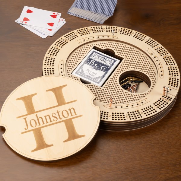 Personalized Monogram Wooden Cribbage Board Set with 4 Tracks and 16 Pegs Travel Party Game Birthday Gift for Cribbage Lovers