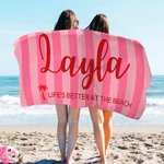 Gepersonaliseerde Palmboom Multicolor Streep Oversized Sneldrogende Strandhanddoek met Naam en Tekst Strand Reisbenodigdheden Verjaardagscadeau voor Familie Vriend