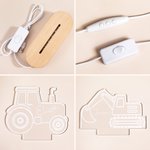 Henkilökohtainen kaivinkoneen traktori Design Säädettävä LED-yövalo nimellä ja puinen pohja huoneen sisustus Baby Shower syntymäpäivälahja pojille