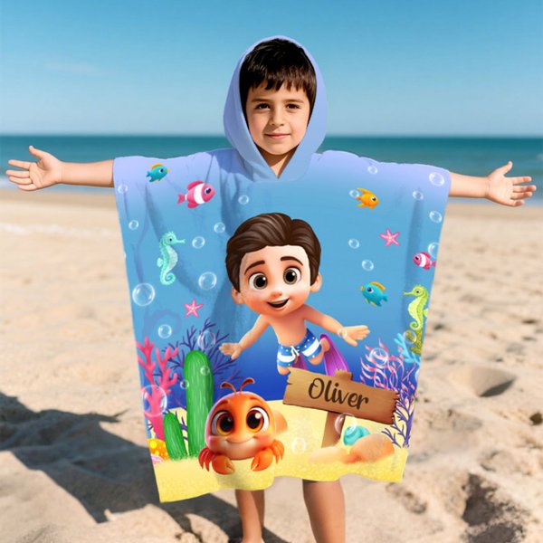 Personalised Cute 3D Diving Kid Sea Animal Soft Quick Dry Kids Hooded Beach Towel with Name Summer Vacation Essential Birthday Gift for Boys Girls