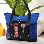 Bolso tote grande de oxford personalizado con diseño cartoon de mujer o niña con nombre y flor de nacimiento regalo de cumpleaños para mujeres