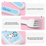 Personalisierte Cartoon Tiere Safe Edelstahl Gabel Löffel Messer 3 Stück Besteck Set mit Namen und Fall zurück zu Schule Geburtstag Geschenk für Jungen Mädchen