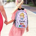 Gepersonaliseerde leuke geruite Cartoon Boy Girl Name Rugzak met duurzame ritsen en zijvakken Verjaardagscadeau voor kinderen