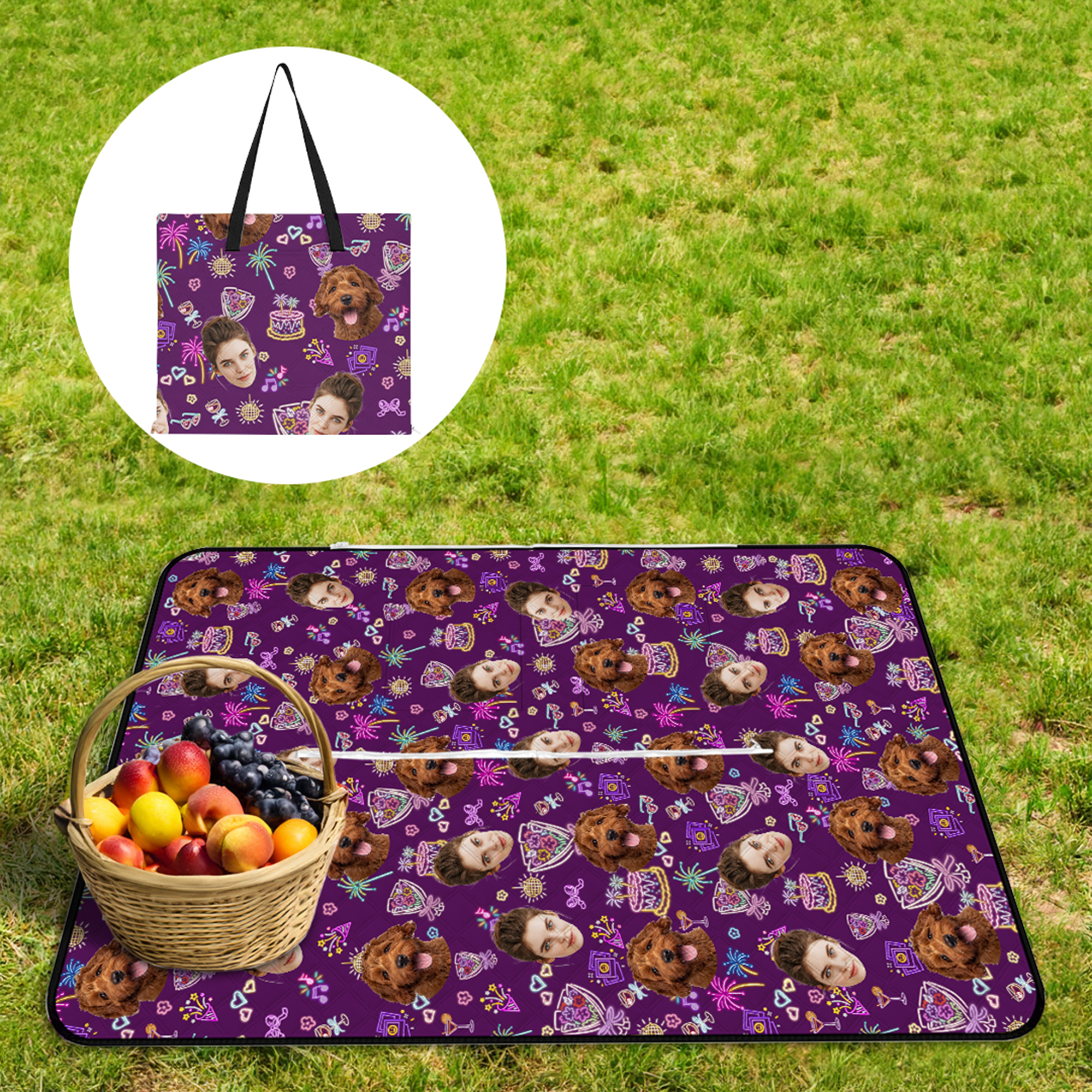 Tapis de pique-nique personnalisé 1-3 visage Photo motif fluorescent Sac fourre-tout Anniversaire Cadeau d'anniversaire pour les amoureux des chiens et des chats