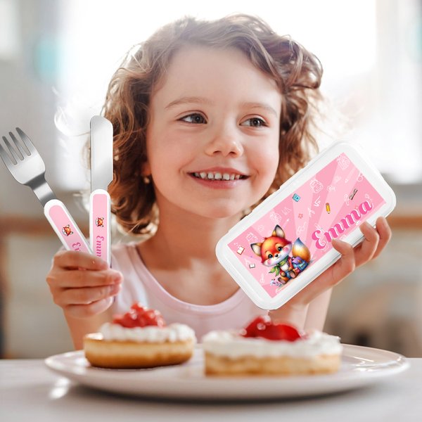 Personalised Cartoon Animals Safe Stainless Steel Fork Spoon Knife 3 Pcs Cutlery Set with Name and Case Back to School Birthday Gift for Boys Girls