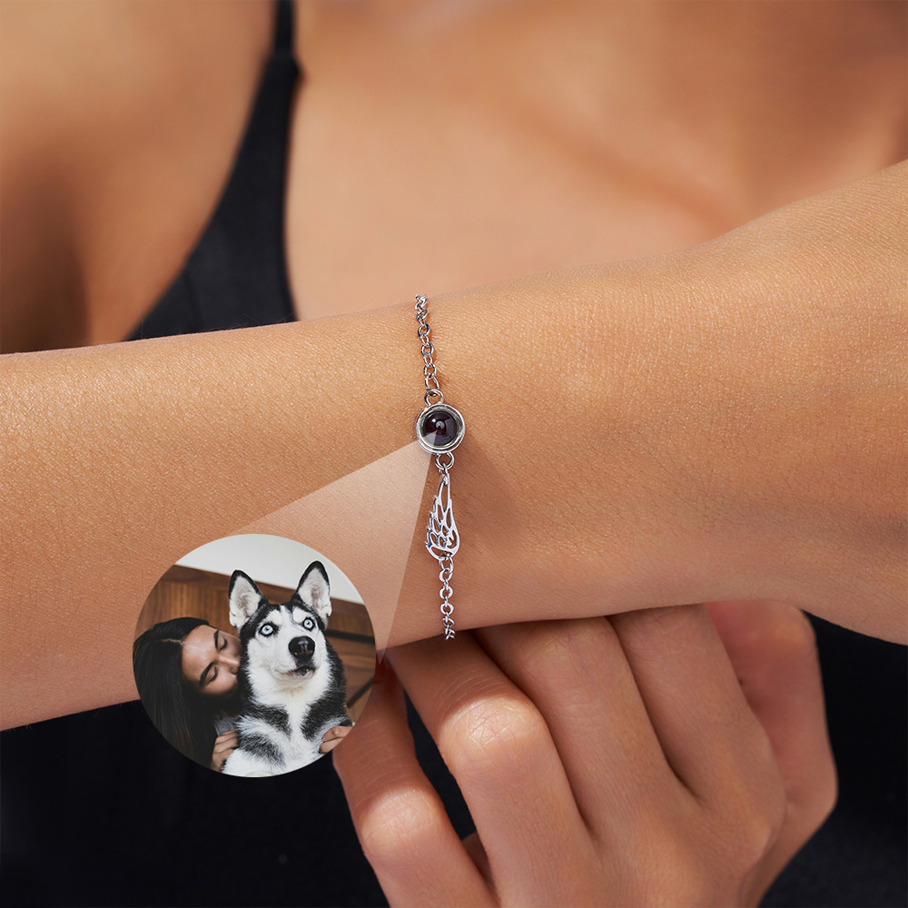 Bracelet Personnalisé avec Photo de Projection Design de Breloque Aile d'Ange Cadeau Commémoratif pour Propiétaire d'Animal de Compagnie