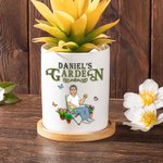 Personalised Retro Garden Cartoon Character Ceramic Plant Pot with Drainage and Bamboo Base Garden Essential Birthday Gift for Family Gardening Lover