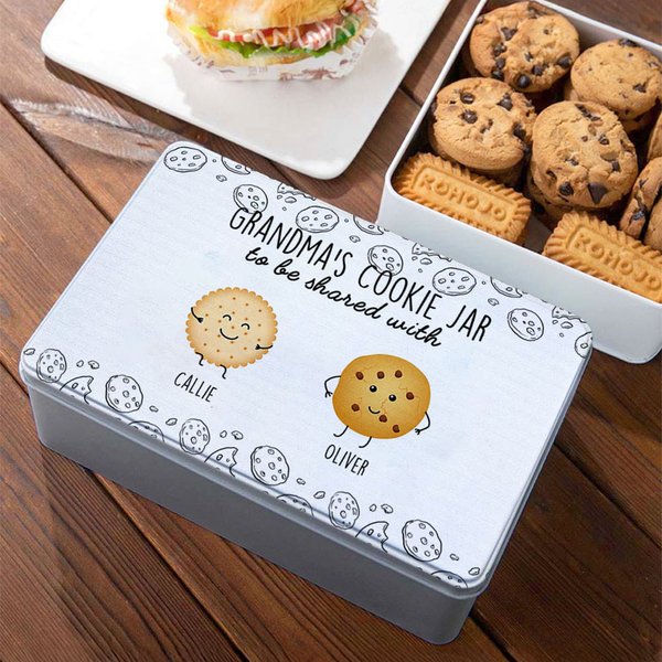 Personalizado 1-12 lindas galletas de dibujos animados de alimentos de grado galletas de almacenamiento de lata con el nombre y el texto de la fiesta de regalos de cumpleaños para los amantes de la fa