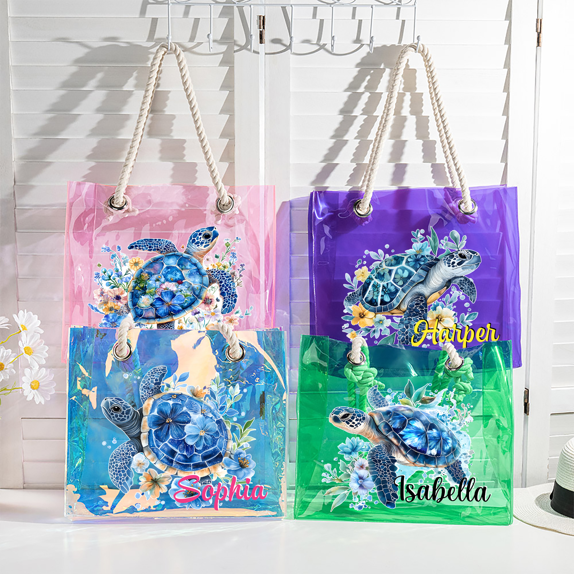 Sac à main holographique transparent avec nom et fleur de tortue de mer personnalisé Accessoire de voyage Cadeau d'anniversaire pour les femmes