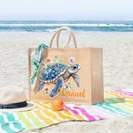 Bolso de yute personalizado con tortuga marina floral y nombre accesorio de viaje y fiesta en la playa regalo de cumpleaños para mujeres