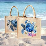 Bolso de yute personalizado con tortuga marina floral y nombre accesorio de viaje y fiesta en la playa regalo de cumpleaños para mujeres