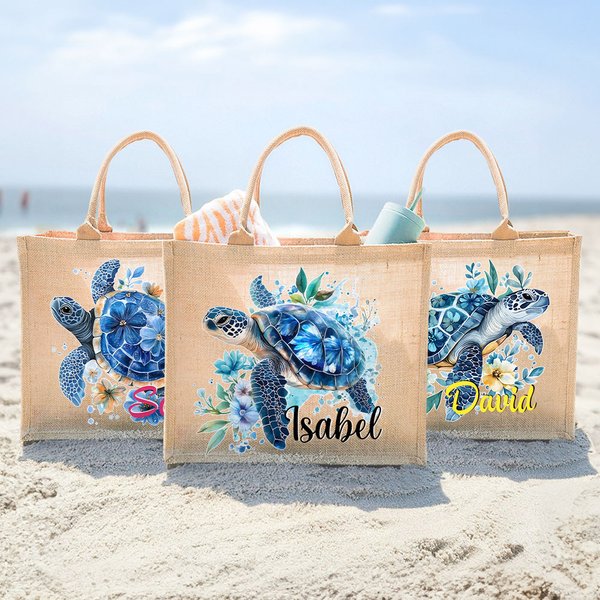 Bolso de yute personalizado con tortuga marina floral y nombre accesorio de viaje y fiesta en la playa regalo de cumpleaños para mujeres