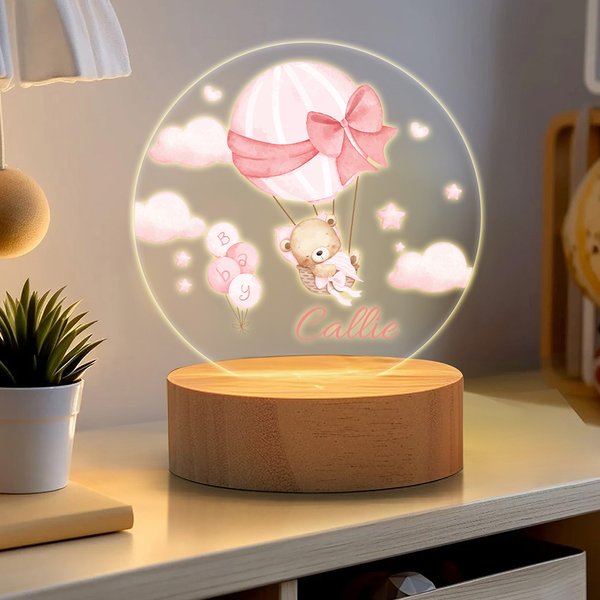Luce notturna LED personalizzata con nome base in legno decorazione cameretta regalo di compleanno e babyshower per bambini