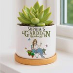 Personalised Retro Garden Cartoon Character Ceramic Plant Pot with Drainage and Bamboo Base Garden Essential Birthday Gift for Family Gardening Lover