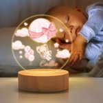 Personalized Cloud Hot Air Balloon Cute Teddy Bear LED Night Light with Name and Wooden Base Nursery Decor Birthday Gift for Baby Kid