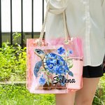 Personalisierte Floral Sea Turtle Clear Holographic Tote Bag mit Namen Travel Accessoire Geburtstag Geschenk für Frauen