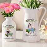 Personalised Retro Gardening Cartoon Character Ceramic Flower Vase with Name Home Decor Birthday Gift for Women Men
