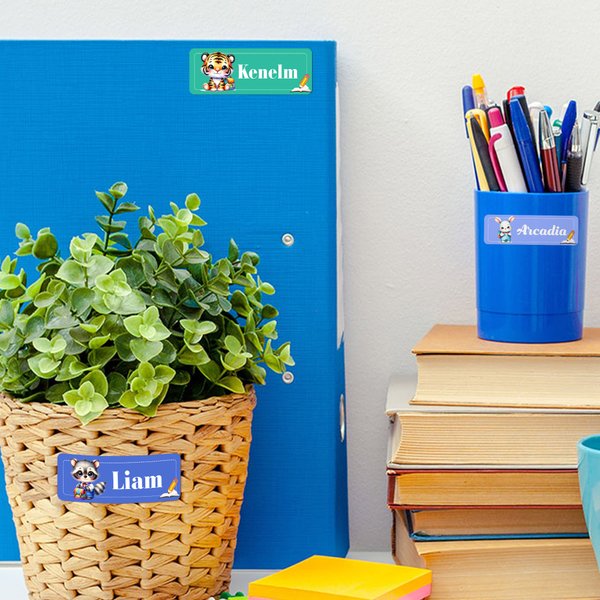 Personalizado multicolor lindo jirafa oso de dibujos animados mochila animales etiquetas engomadas con el nombre de útiles escolares decoración de vuelta a la escuela de regalo para los niños niñas