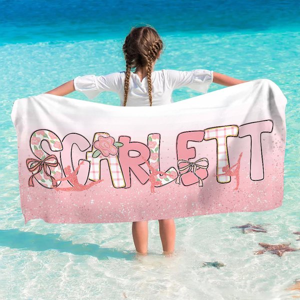 Toalla de playa de secado rápido personalizada con lazo rosa, silueta de bailarina y nombre Regalo de cumpleaños esencial de verano para chica amante del ballet y la gimnasia