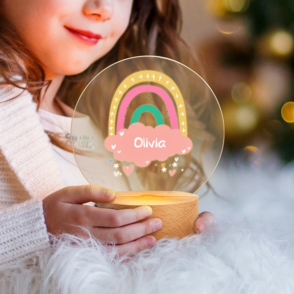 Personalized Boho Rainbow Acrylic LED Night Light with Name and Wooden Base Cute Nursery Decor Baby Shower Gift for Baby Girls Boys