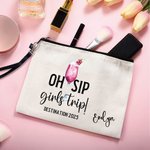 Personalised Oh Sip Girls Trip Drinks Portable Makeup Bag with Name and Wrist Strap Travel Daily Use Vacation Gift for Women Girl
