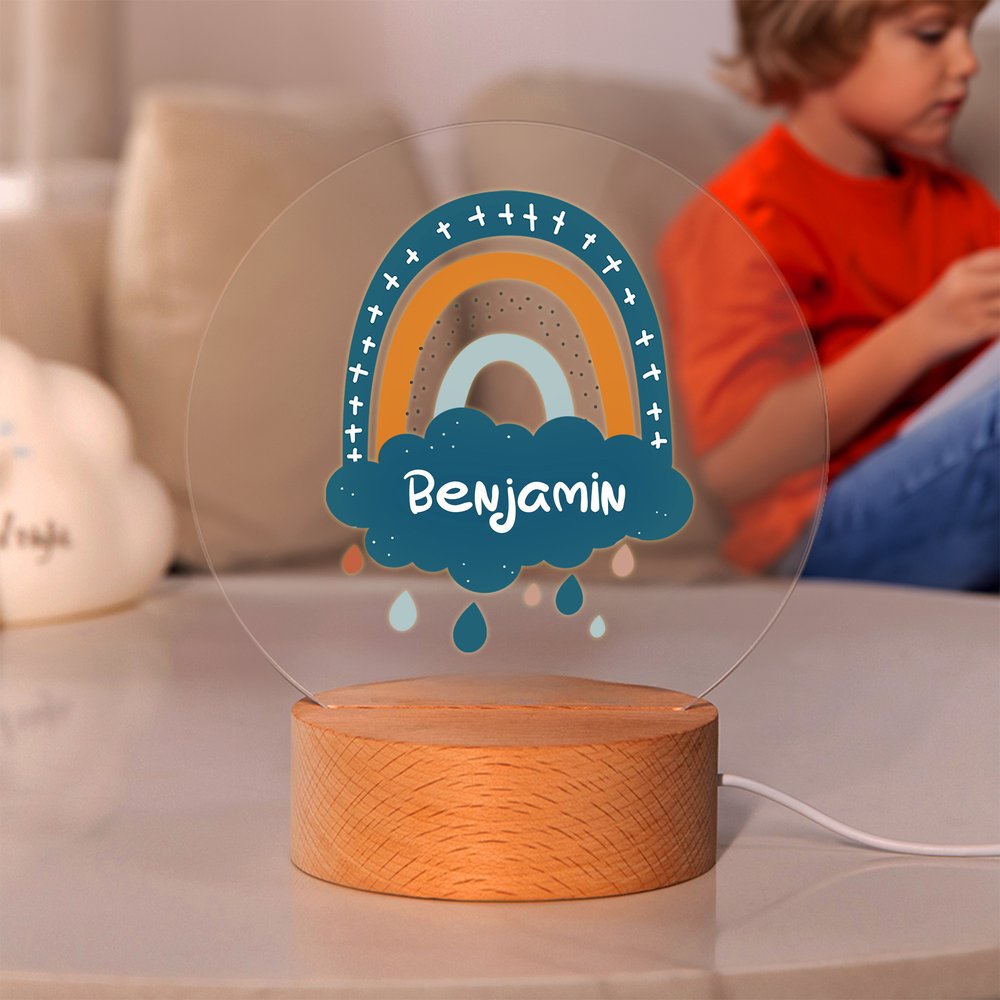 Personlig Boho Rainbow Akryl LED Nattlampa med Namn och Träbas Söt Barnkammardekoration Baby Shower Present för Flickor Pojkar