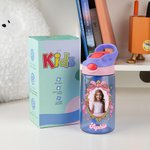 Bouteille d'Eau 475 ml Personnalisée avec Cadres Photo Princesse et Nom avec Paille et Anse Cadeau Rentrée Anniversaire Vacances pour Fille