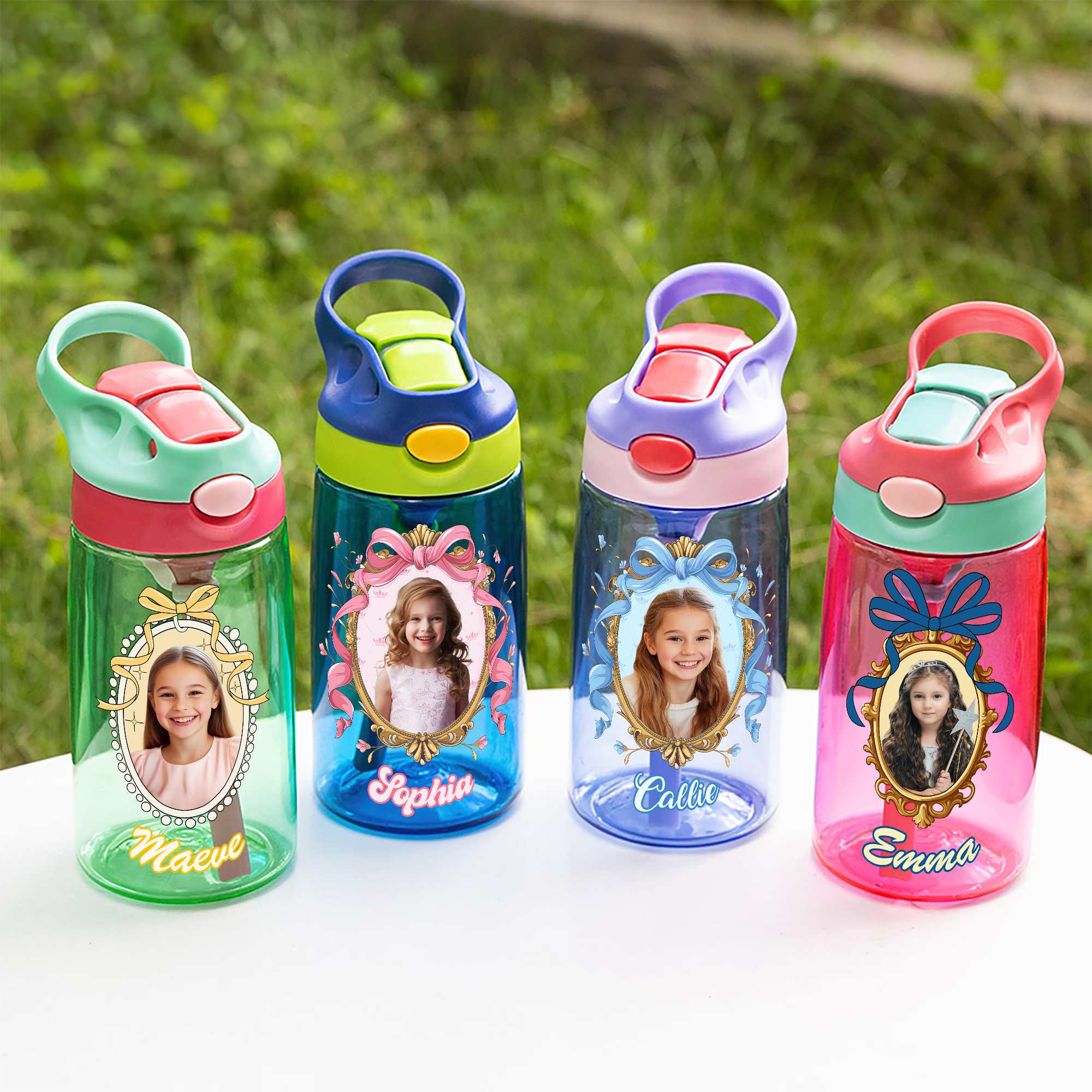 Bouteille d'Eau 475 ml Personnalisée avec Cadres Photo Princesse et Nom avec Paille et Anse Cadeau Rentrée Anniversaire Vacances pour Fille