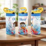 Personalisierte Cartoon Scuba Diver 12 oz isoliert Kind Wasserflasche mit Griff und Stroh zurück zu Schule Geburtstag Geschenk für Jungen Mädchen