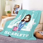 Personalized Cartoon Travel Character Multicolour Soft Throw Blanket with Name Home Decor Birthday Anniversary Travel Gift for Adventure Lovers