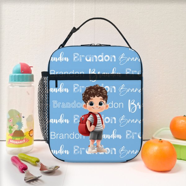 Personalized Cartoon Kid Character Portable Insulated Lunch Bag with Name and Mesh Pocket Back to School Birthday Gift for Boys Girls