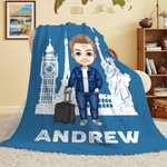 Personalized Cartoon Travel Character Multicolour Soft Throw Blanket with Name Home Decor Birthday Anniversary Travel Gift for Adventure Lovers