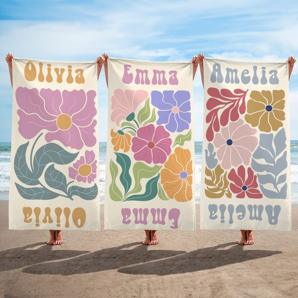 Personalisiertes Boho Retro Blumen Strandtuch mit Namen Schnelltrocknend Sommer Urlaub Reisezubehör Strand Party Geburtstag Geschenk für Mädchen Damen