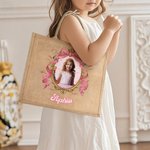 Gepersonaliseerde Princess Photo Frame Jute boodschappentas met naam en foto strandvakantie dagelijks reiscadeau voor vrouwen meisjes