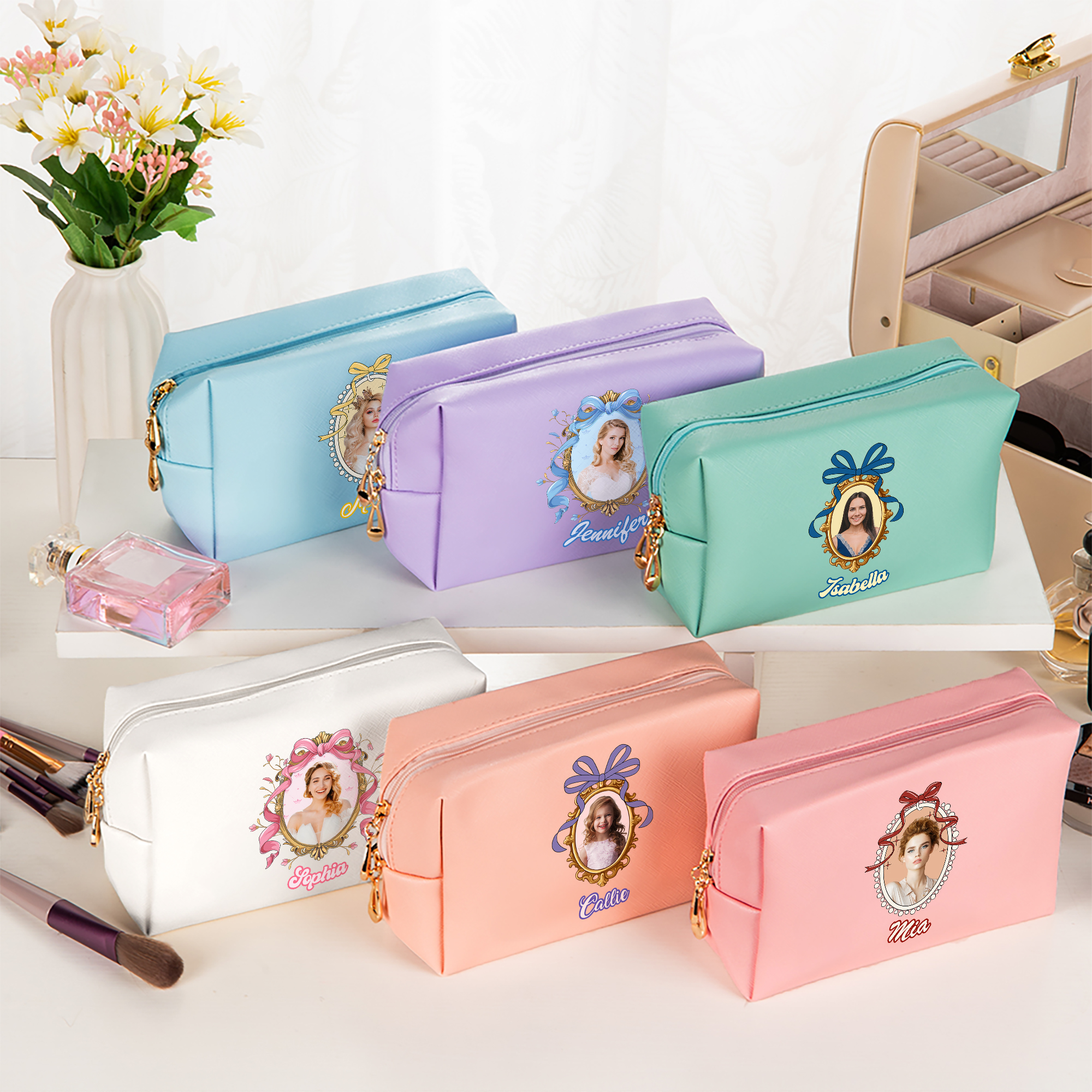 Trousse de maquillage en cuir PU avec nom et photo Princesse Personnalisée Anniversaire Mariage Douche de Mariage Cadeau pour Filles Mariées