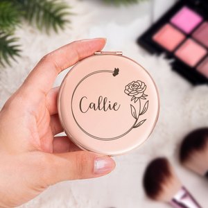 Personalised Birth Flower Pocket Makeup Mirror with Engraved Name Anniversary Birthday Wedding Gift for Women Bridesmaids