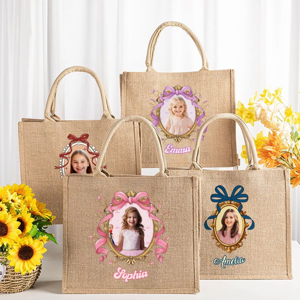 Personalized Princess Photo Frame Jute Tote Bag with Name and Photo Beach Vacation Daily Travel Gift for Women Girls