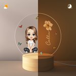 Personalised Cartoon Character Birth Flower Acrylic LED Night Light with Wooden Base Home Decor Gift for Boys Girls
