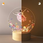 Personalised Ballet Girl Birth Flower Butterfly LED Night Light with Name and Wooden Base Room Decor Birthday Gift for Ballerina Ballet Lover