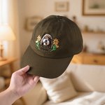 Personalized Embroidered Flower Pet Portrait Photo 100% Cotton Adjustable Baseball Cap with Name Pet Party Birthday Gift for Dog Mom Pet Owner