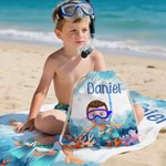 Personalized Cartoon Scuba Diver Quick Dry Oversized Beach Towel and Bag with Name Summer Vacation Beach Party Essentials Birthday Gift for Boys Girls