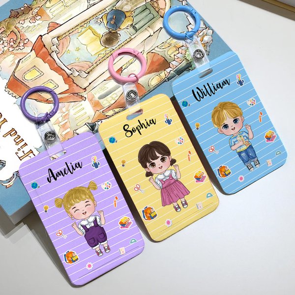 Personalized Cute Cartoon Character Card Holder with Name and Hanging Buckle Birthday Back to School Gift for Students Kids